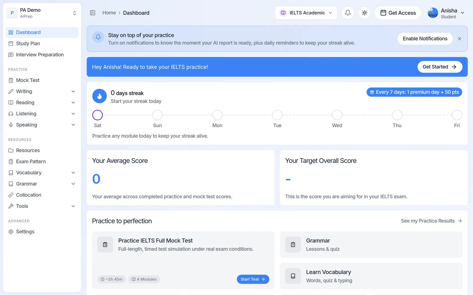 AI Prep student dashboard on the PA Demo portal